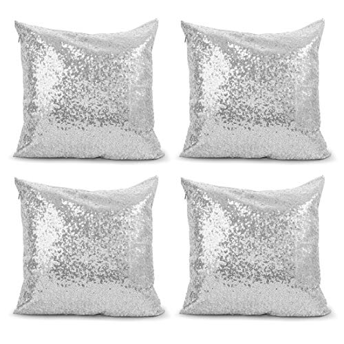 Product Cover 4Pcs Decorative Throw Pillow Covers, BSSN Silver Square Sparkling Decor Cushion Case, Glitzy Sequin Satin Solid Pillow Cases, Hidden Zipper Design for Home/Party/Christmas/Wedding, 18 x 18 Inch