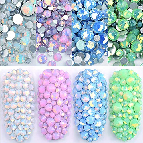 Product Cover DAODER 4pack Sparkly Opal Rhinestones for Nails 3D Nail Art Rhinestones Kit Crystal Diamond Rhinestones and Charms Nail Decoration Flatback Gems Stones Pink White Blue Green Nail Jewels Crafts DIY