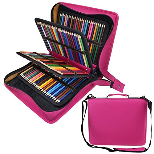 Product Cover Shulaner 216 Slots PU Leather Colored Pencil Case Organizer Large Capacity Carrying Bag for Prismacolor Watercolor Pencils, Crayola Colored Pencils, Marco Pens, Gel Pens (Rose Red, 216)