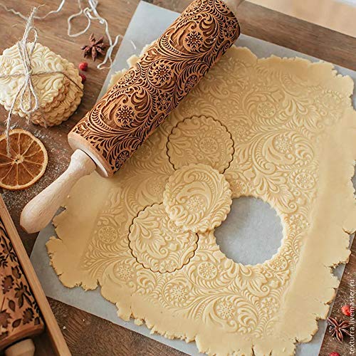 Product Cover Youzpin Laser Printing Flower Pattern Wooden Rolling Pin, Wooden Laser Engraved Snowflake Plant Rolling Pin,Embossed Engraved Roller Pin for Baking Embossed Cookies~Small,355cm