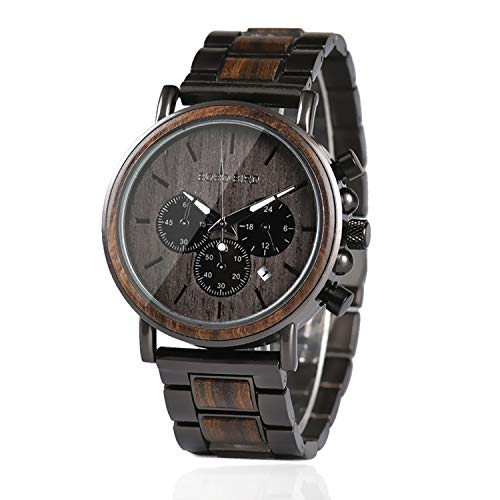 Product Cover BOBO BIRD Mens Wooden Watches Business Casual Wristwatches Stylish Ebony Wood & Stainless Steel Combined Chronograph with Gift Box (Grey)