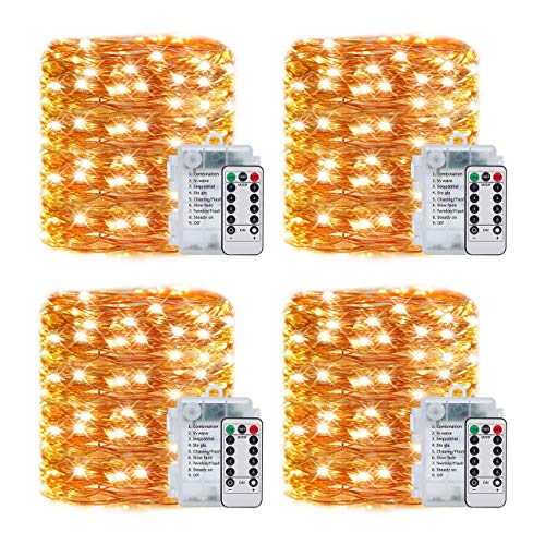Product Cover LEDIKON 4 Pack 33Ft 100 Led Fairy Lights Battery Operated Mini String Lights with 8 Modes Remote Control and Timer,Waterproof Firefly Twinkle Lights for Bedroom Wedding Chirstmas Decor(Warm White)