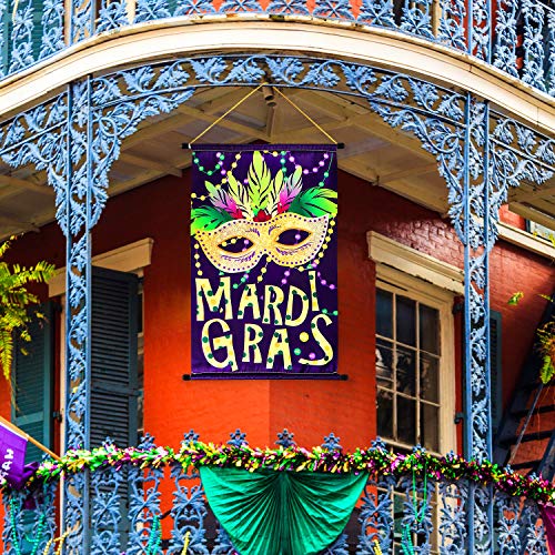Product Cover Mardi Gras Door Banner Mardi Gras House Flag Mask Welcome Banner for Indoor/Outdoor Decoration Mardi Gras Garden Flag Masquerade Party Mask Beads Holiday, 18.5 x 12.59 Inch (Purple Mardi Gras Sign)