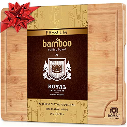 Product Cover Organic Bamboo Cutting Board with Juice Groove - Best Kitchen Chopping Board for Meat (Butcher Block) Cheese and Vegetables | Anti Microbial Heavy Duty Serving Tray w/Handles (Small (12 x 8