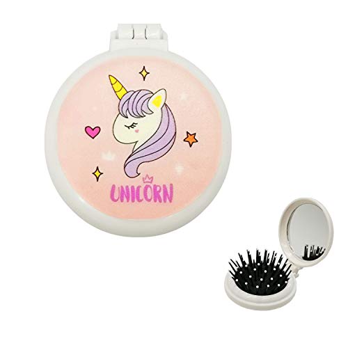 Product Cover Unicorn Hair Brush, Mini Folding Hair Brush with Compact Makeup Mirror Wet Curly Long Frizzy Thick Coarse Hair Styling Volume Massage Comb Collapsible Portable for Women Girls Travel, Detangler Brush