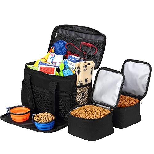Product Cover Coopeter Pet Travel Bag for Dog，Weekend Tote Organizer Bag-Includes 1 Dog Tote Bag,2 Dog Food Carriers Bag,2 Pet Silicone Collapsible Bowls.（Black）