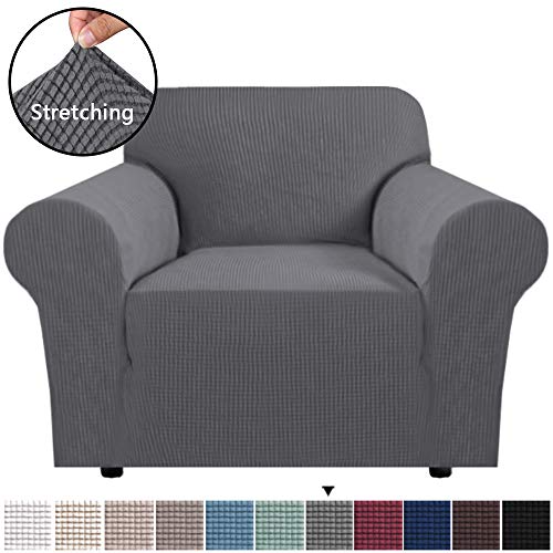 Product Cover H.VERSAILTEX Stretch Chair Slipcover Sofa Cover Furniture Protector Cover Luxury Lycra High Spandex Small Checks Knitted Jacquard Sofa Cover Chair Covers for Living Room (Chair-1 Seater, Grey)