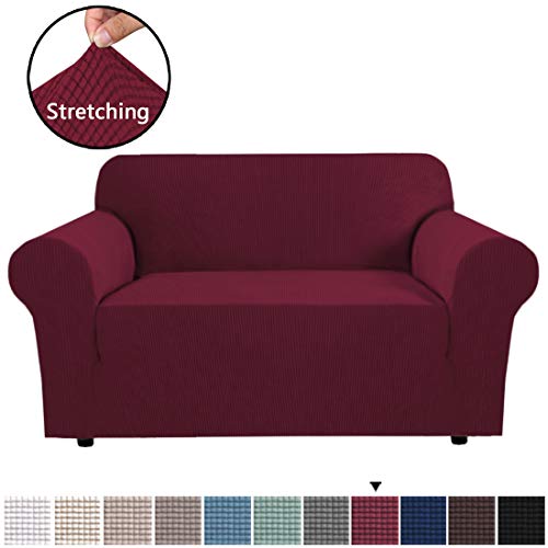 Product Cover H.VERSAILTEX Loveseat Slipcovers for 2 Cushions Sofa 1 Piece Furniture Cover for Loveseat Rich Textured Lycra High Spandex Checked Pattern Loveseat Covers for Living Room, 2 Seater, Burgundy Red