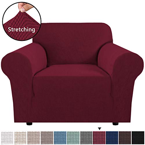 Product Cover H.VERSAILTEX High Stretch Rich Jacquard 1-Piece Armchair Cover/Sofa Chair Covers/Slipcover, Machine Washable Spandex Fabric Stay in Place, 1 Seater Sofa Chair Slipcover (Chair: Burgundy Red)