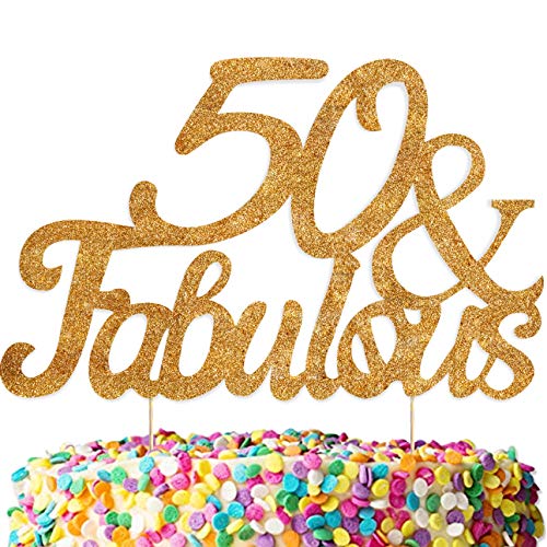 Product Cover 50 & Fabulous Gold Glitter Cake Topper - Happy 50th Birthday Party Banner - 50th Wedding Anniversary Decorations - Milestone Birthday Party Decorations