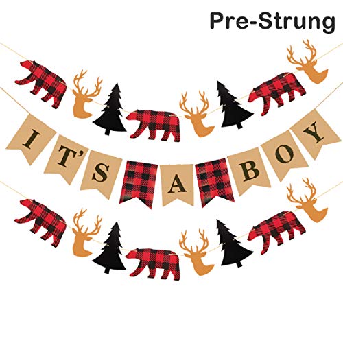 Product Cover MaxFor Lumberjack Baby Shower Banner, Buffalo Plaid Rustic Hunter Theme It's A Boy, Camping Bear Baby Shower Decorations Supplies, Lumberjack Gender Reveal Banner