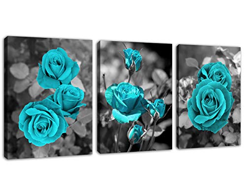 Product Cover Canvas Wall Art Teal Roses Picture Blue Blossom Rose Canvas Artwork Prints Contemporary Wall Art for Living Room Bedroom Bathroom Kitchen Office Wall Decor Framed Ready to Hang 12