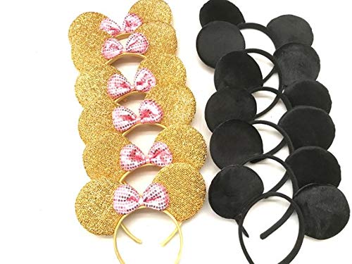 Product Cover CLGIFT Set of 12 Minnie Mouse Ears, Disney Ears, Mickey Mouse Ears, Disney Theme Party, Boys and Girls One Size Fits All (6 Gold w/Light Pink & 6 Plain Black)
