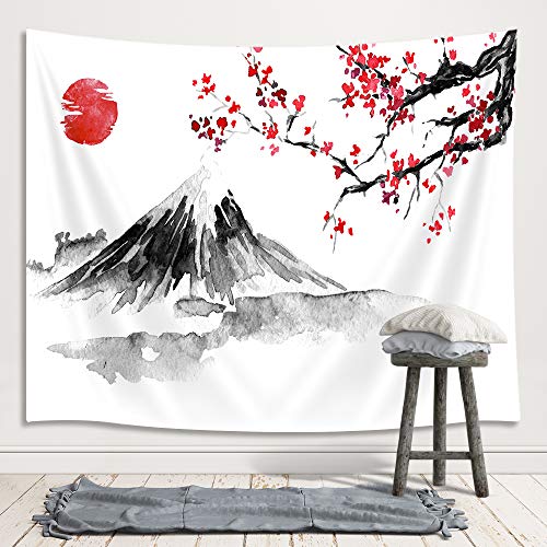 Product Cover Japanese Mount Fuji Decor Tapestry, Asian Cherry Blossoms Sakura Floral Spring Sunset Ink Painting Art Wall Hanging for Bedroom Living Room College Dorm TV Backdrop Wall Blankets 71X60 Inches