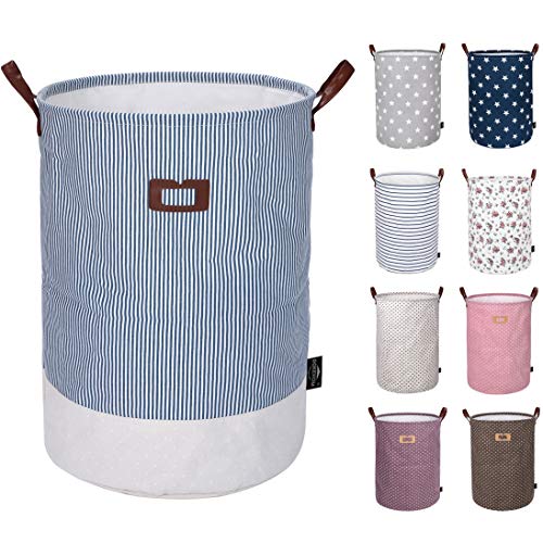 Product Cover DOKEHOM 19-Inches Thickened Large Laundry Basket -(9 Colors)- with Durable Leather Handle, Drawstring Waterproof Round Cotton Linen Collapsible Storage Basket (Navy Blue, L)