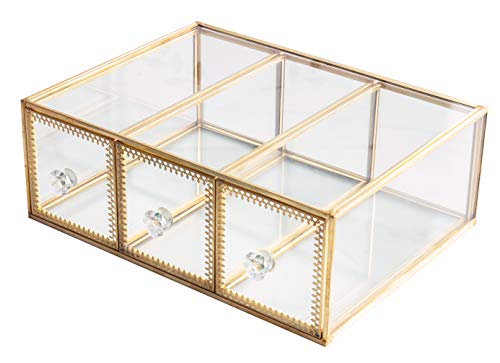 Product Cover Antique Beauty Display Jewelry Case Holder Clear Glass 3 Drawers Palette Organizer, Cosmetic Storage, Makeup Container 3 Cube Holder/Beauty Dresser Vanity Cabinet Decorative Keepsake Box