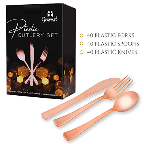 Product Cover Plastic Silverware Cutlery Set - 120 Piece Rose Gold Utensils for Wedding Reception, Parties, Bridal and Baby Shower, Disposable Flatware and Elegant Party Decorations - 40 Knives, Spoons, Forks