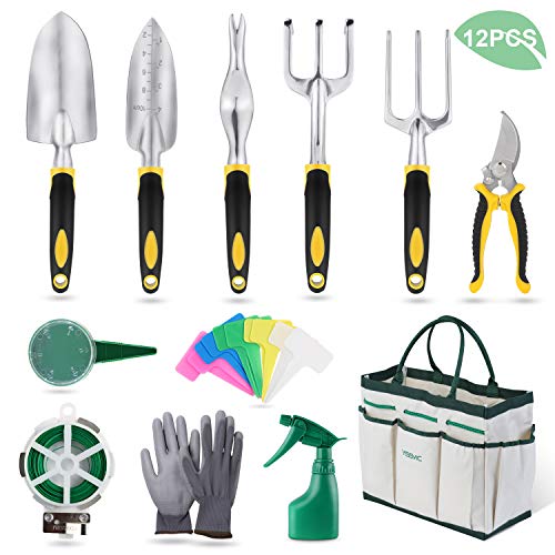 Product Cover YISSVIC Garden Tools Set 12 Pieces Heavy Duty Gardening Kit cast Aluminum with Soft Rubberized Non-slip Handle,Durable Storage Tote Bag and Pruning Shears, Gardening Supplies Gifts for Men Women