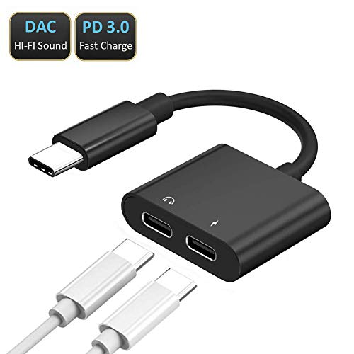 Product Cover Dual USB C Audio and Charger Adapter, USB C Splitter for Google Pixel 2/3/2XL/3XL, Samsung Galaxy Note 10/10 Plus/A80/A8S/S8/S9, iPad Pro 2018, Macbook, Nokia X17, Huawei P20/P30/Mate 20, Black