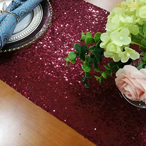 Product Cover ShinyBeauty Table Runner 2 Pack Sequin Table Runners Burgundy 12inx108in Curtains Glitter Runner for Weddings (Wine) -0116S