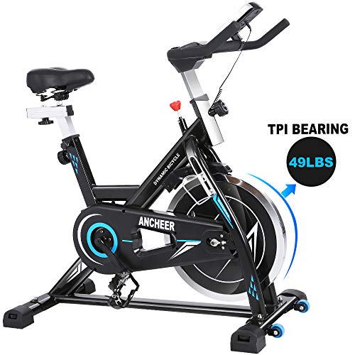 Product Cover ANCHEER Indoor Cycling Bike Stationary Exercise Bikes, 49LBS Silent Belt Drive Chromed Flywheel with LCD Monitor, IPAD Holder, Caged Pedals, Adjustable Seat Cushion & Handlebar & Base for Home Workout