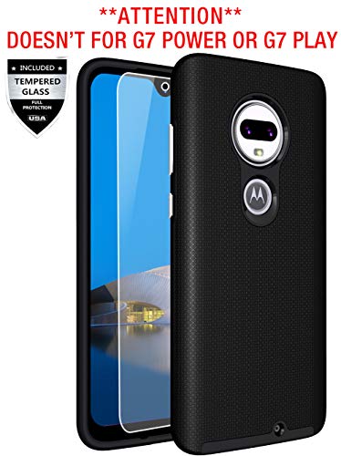 Product Cover Sunnyw Moto G7 Case, Moto G7 Plus Case with [9H Tempered Glass Screen Protector], Shock Absorption Anti-Scratch Silicone Plastic Dual Layer Hybrid Armor Cover for Motorola Moto G7/G7 Plus (Black)