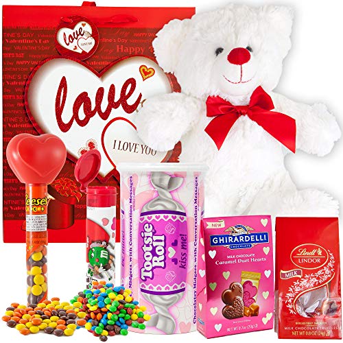Product Cover Valentines Day Gift Basket Set | Teddy Bear Plush(12 Inch), Lindt Lindor Milk Truffles, Hershey Reeses Pieces, Ghirardelli Caramel Chocolate, Tootsie Roll Candy, M&M Minis Tube & V-Day Gift Bag (Love)