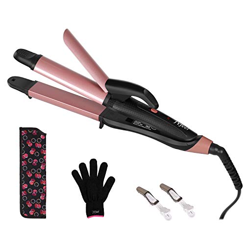 Product Cover JYfeel 2 in 1 Travel Curling Flat Iron Dual Voltage Mini Hair Straightener and Curler with 1 Inch Rose Gold Ceramic PTC Plate, with Heat Resistant Bag,Glove and 2 Clips (Rose Gold)