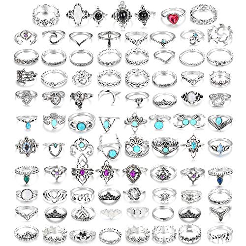 Product Cover LOLIAS 84 Pcs Vintage Knuckle Ring Set for Women Girls Stackable Rings Set Hollow Carved Flowers (D:84 Pcs a Set)
