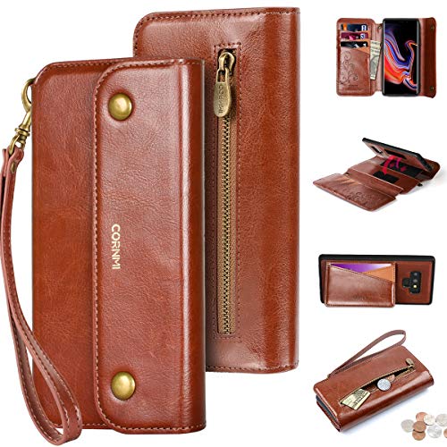 Product Cover CORNMI Galaxy Note 9 Wallet Case, Zipper Pocket 8 Card Holders Wrist Strap Kickstand Detachable Purse Leather Folio Flip Protective Cover for Samsung N9 Brown