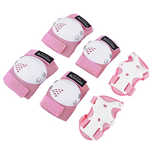 Product Cover BOSONER Kids/Youth Knee Pad Elbow Pads for Rollerblade Roller Skates Cycling BMX Bike Skateboard Inline Rollerblading, Skating Skatings Scooter Riding Sports (Pink/White, Medium(6-15 Years))