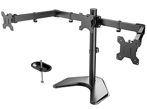 Product Cover HUANUO Triple Monitor Stand - Free Standing Fully Adjustable Monitor Desk Mount - Tilts, Swivels, Rotates - Fits 3 LCD LED OLED Screens 13-24 Inches in Size, Each Arm Holds up to 22lbs