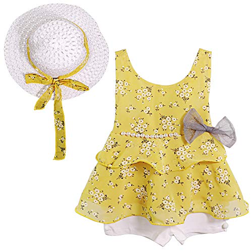 Product Cover Little Kid Girl Clothes Floral Vest T-Shirt Tops +Shorts Pant with Cute Sun Hat 3Pcs Summer Casual Outfits Set