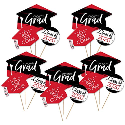 Product Cover Big Dot of Happiness Red Grad - Best is Yet to Come - 2020 Red Graduation Party Centerpiece Sticks - Table Toppers - Set of 15