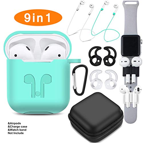 Product Cover TAOSANHU AirPods Case 9 in 1 Airpods Accessories Kits Protective Silicone Cover and Skin Compatible Apple Airpods 2&1 Charging Case with Airpods Ear Hook/Tips/Airpods Strap/Clips/Watch Band Holder