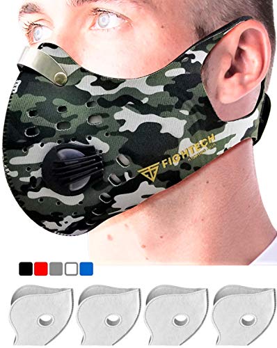 Product Cover FIGHTECH Dust Mask | Mouth Mask Respirator with 4 Carbon Filters for Pollution Pollen Allergy Woodworking Mowing Running | Washable and Reusable Neoprene Half Face Mask (L/CAMO)