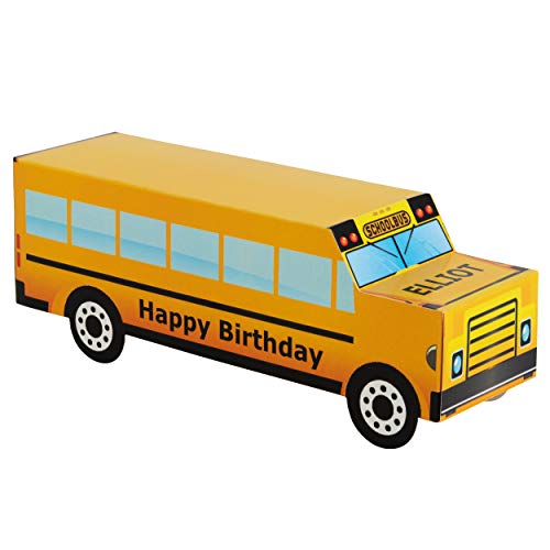 Product Cover Personalized Treat Bags Gift Boxes for Kids | 12 Pack Party Favor Gift Boxes | Customized Happy Birthday Yellow School Bus Boxes | Fill with Your Chocolate Treats and Prizes