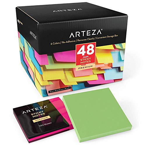 Product Cover ARTEZA 3x3 Inches Sticky Notes, 48 Pads, 100 Sheets Per Pad, Bulk Pack, Assorted Colors, Re-Adhesive, Clean Removal, for Reminders, Studying, Office, School, and Home