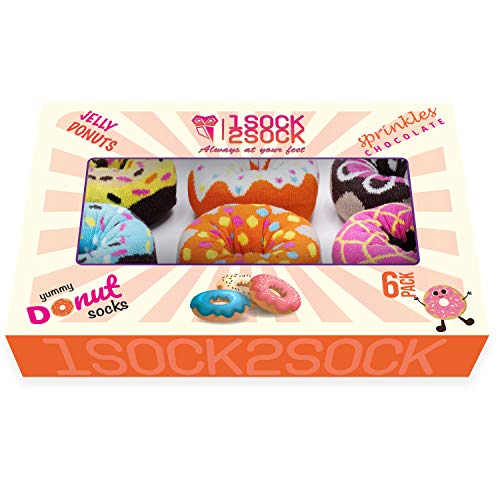 Product Cover 1SOCK2SOCK Women's Yummy Donut Novelty Socks Size 9-11 Colorful Gift Box (Pack of 6)