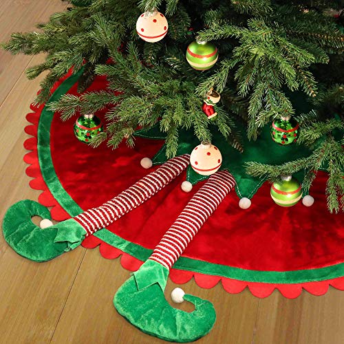 Product Cover Valery Madelyn 48 inch Delightful Elf Christmas Tree Skirt with Legs and Ripple Trim, Themed with Christmas Ornaments (Not Included)