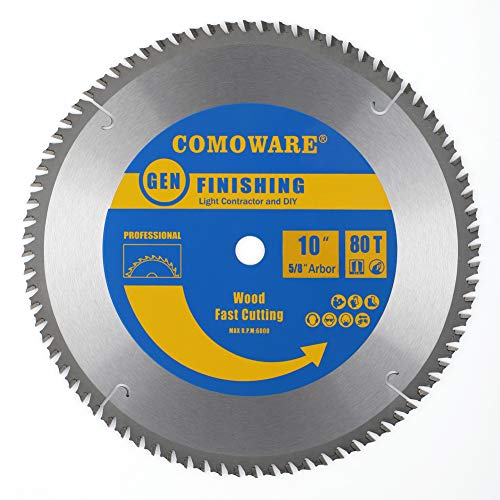 Product Cover COMOWARE Circular Saw Blade- 10 Inch 80 Tooth, TCG Premium Tip, Anti-vibration, 5/8 inch Arbor Light Contractor and DIY General Purpose Finishing for Wood,  Laminate, Veneered Plywood & Hardwoods