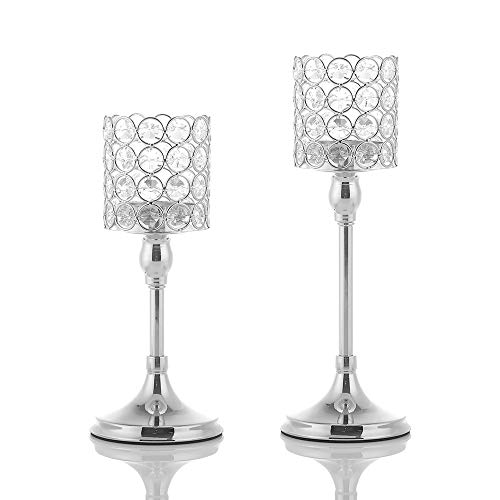 Product Cover VINCIGANT Pack of 2 Crystal Candlesticks for Christmas Decoration Anniversary Wedding Coffee Table Decorative Centerpiece,10 and 12 Inches Tall Silver