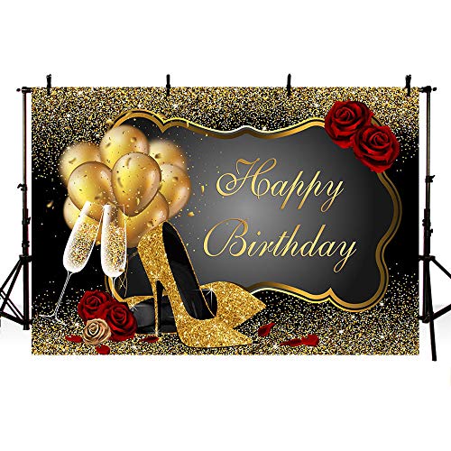 Product Cover MEHOFOTO 8x6ft Photo Background Props Shiny Sequin Black Gold High Heels Champagne Adult Woman Red Rose Balloons Happy Birthday Party Banner Backdrops for Photography