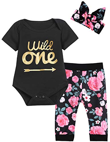 Product Cover Baby Girls First Birthday Outfit Set Wild One Short Sleeve Bodysuit with Headband (18-24 Months, Black Short)