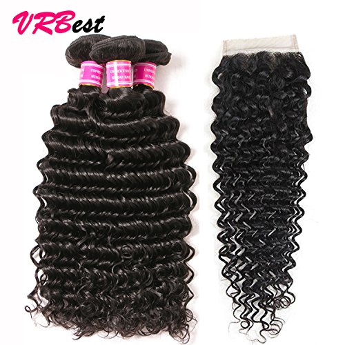 Product Cover VRBest Brazilian Deep Wave With Closure 100% Unprocessed Virgin Brazilian Hair 3 Bundles Deep Curly Human Hair Extensions With Lace Closure (18 20 22 +16)