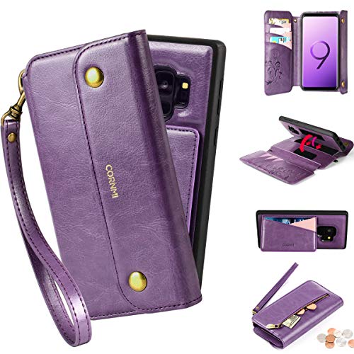 Product Cover CORNMI Samsung Galaxy S9 Wallet Case, Zipper Pocket 8 Card Holders Wrist Strap Kickstand Leather Folio Flip Cover Detachable Protective Purse for Samaung Galaxy S9 5.8'' Purple