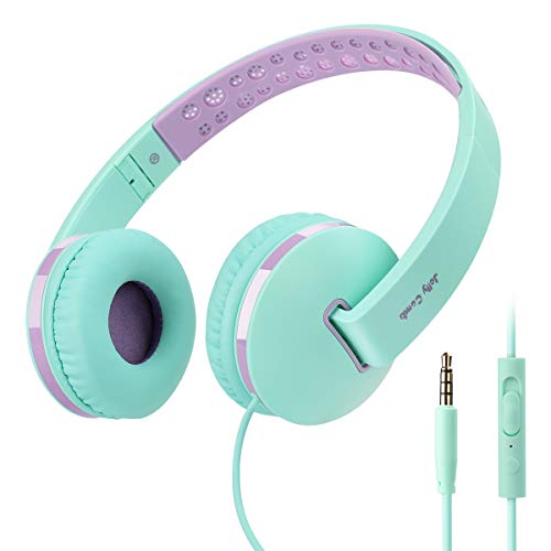 Product Cover Kids Headphones for School, Jelly Comb Girls Lightweight Foldable Stereo Bass Kids Headphones with Microphone, Volume Control for Cell Phone, Tablet, Laptop, MP3/4(Green & Purple)- For Aged 6 or Above