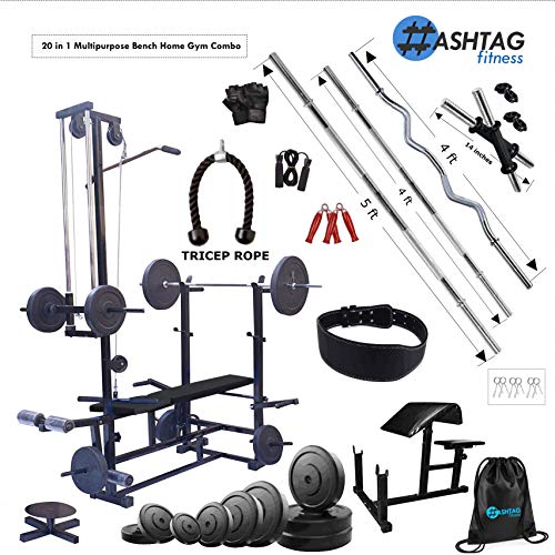 Product Cover HASHTAG FITNESS 20 in 1 Bench with Preacher CURL Including Home Gym Kit 80 Kg PVC Weights