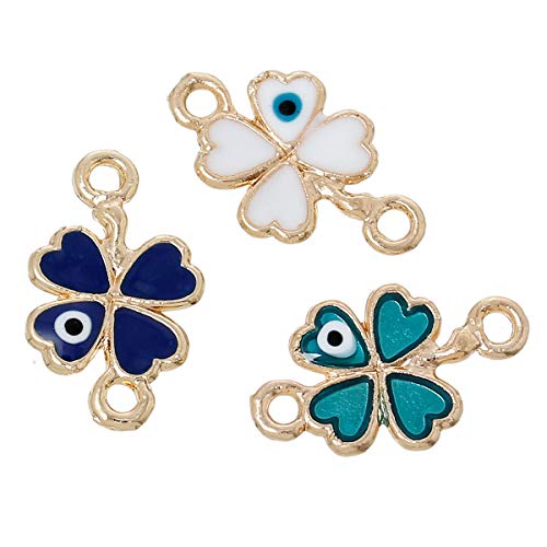 Product Cover 10 Pack, Four Leaf Clover Evil Eye Connectors Findings, Gold Tone and Enamel - 1/2 Inch Wide