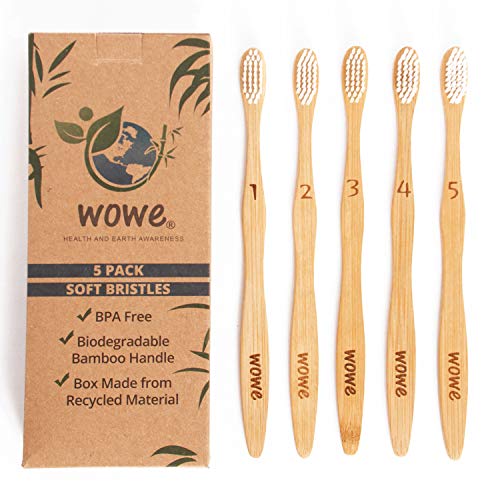 Product Cover Wowe Natural Organic Bamboo Toothbrush Eco-Friendly Wood, Soft BPA Free Bristles, Pack of 5